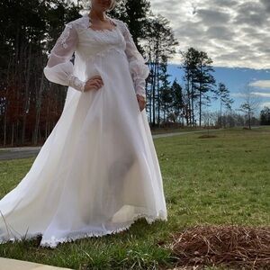 Vintage 70s whimsical empire waist lace daisy sheer poof sleeve wedding dress